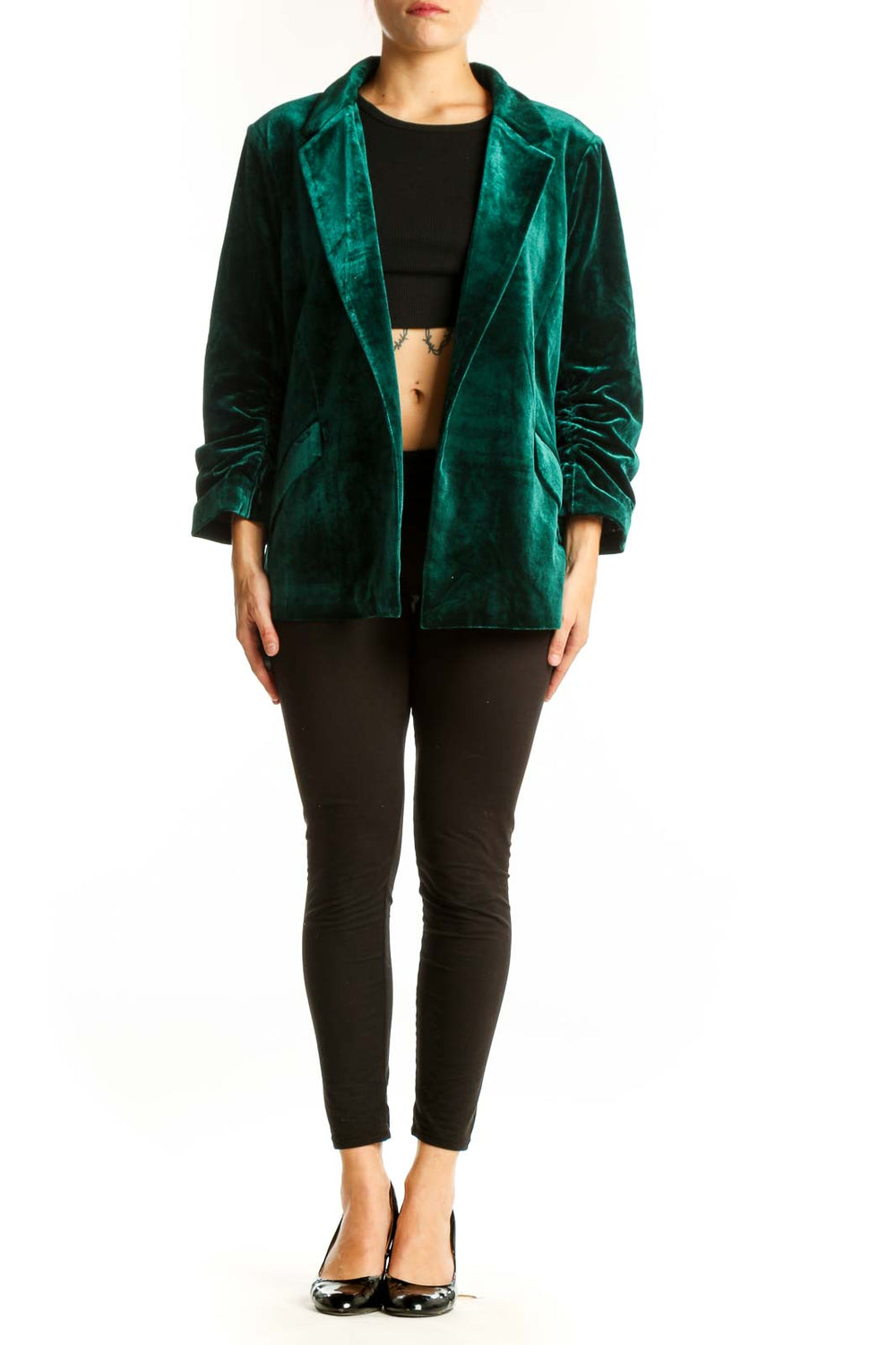 Front view of emerald green velvet blazer jacket by Skies Are Blue