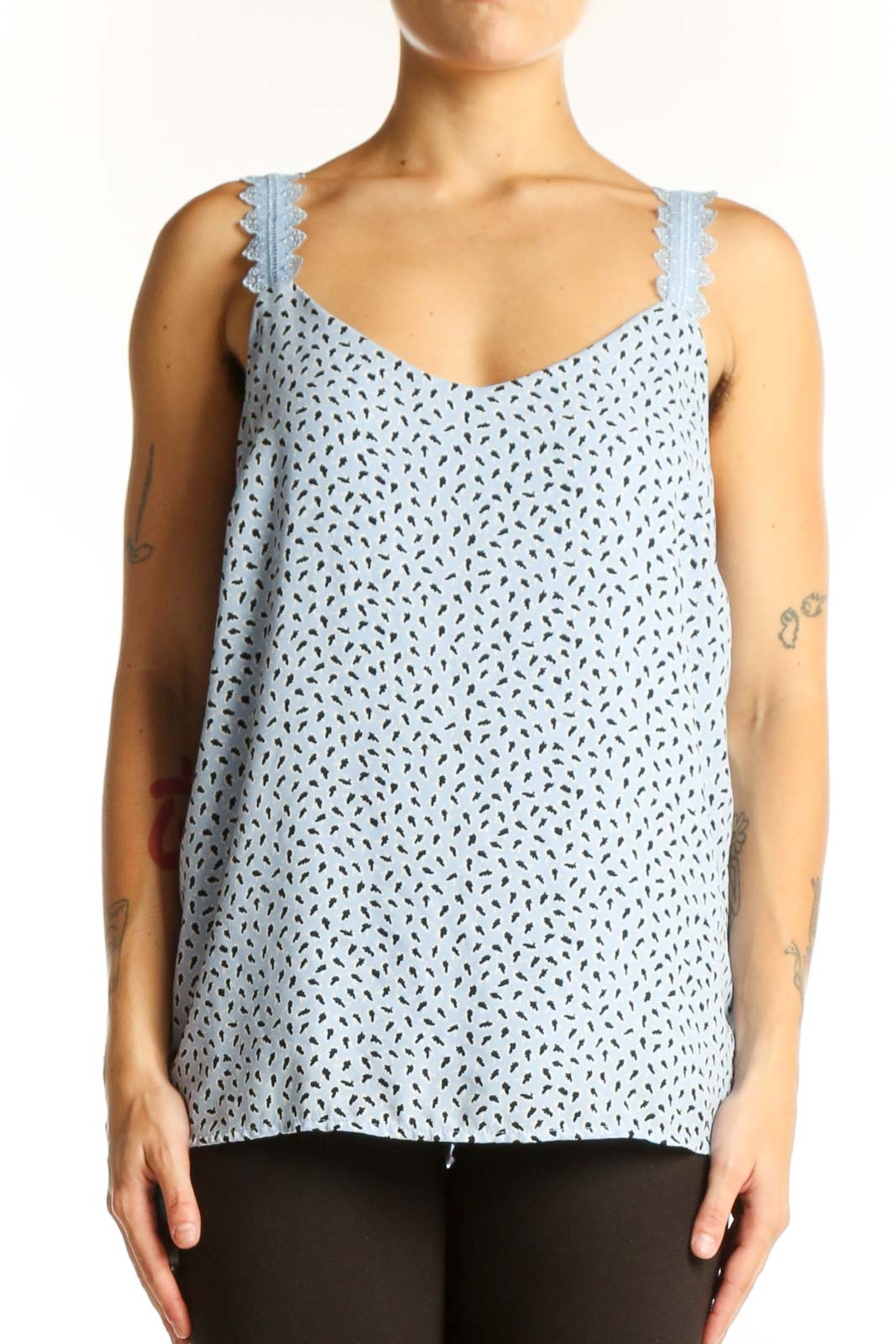 Front view of light blue floral print camisole top with lace-trimmed straps