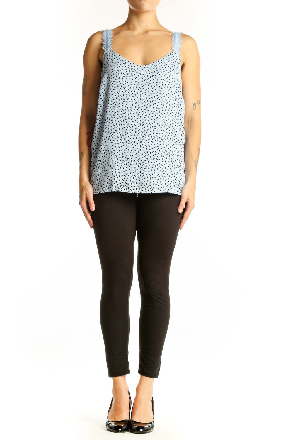 Front view of light blue floral print camisole top with lace-trimmed straps