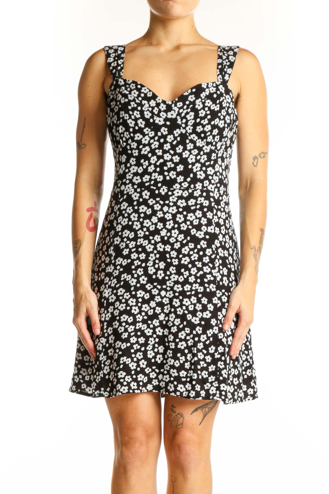 Front view of Gap black floral print dress with sweetheart neckline