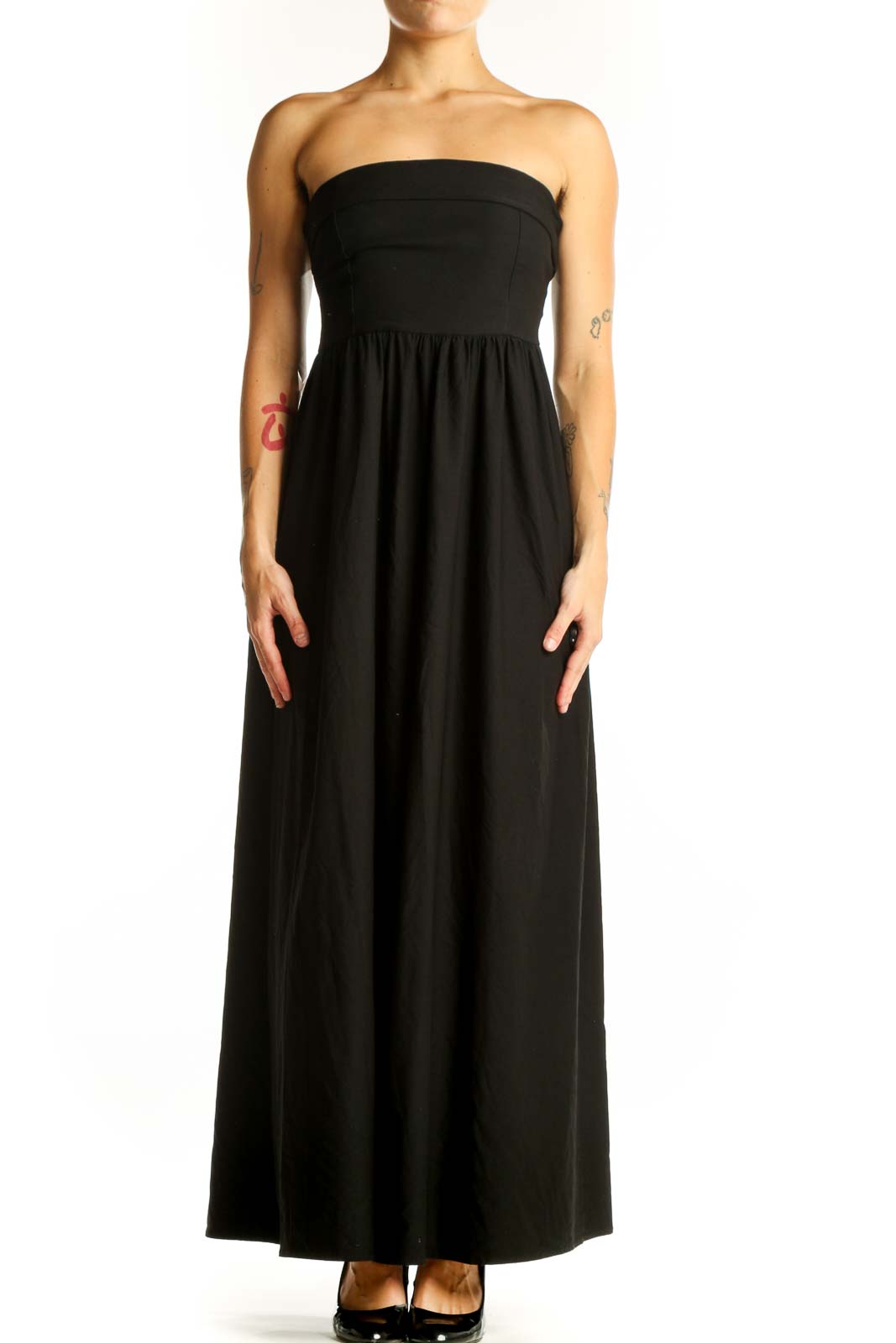 Front view of black strapless maxi dress by SilkRoll