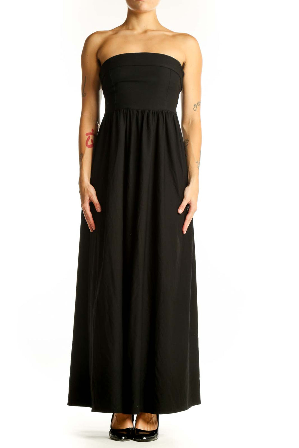 Front view of black strapless maxi dress by SilkRoll