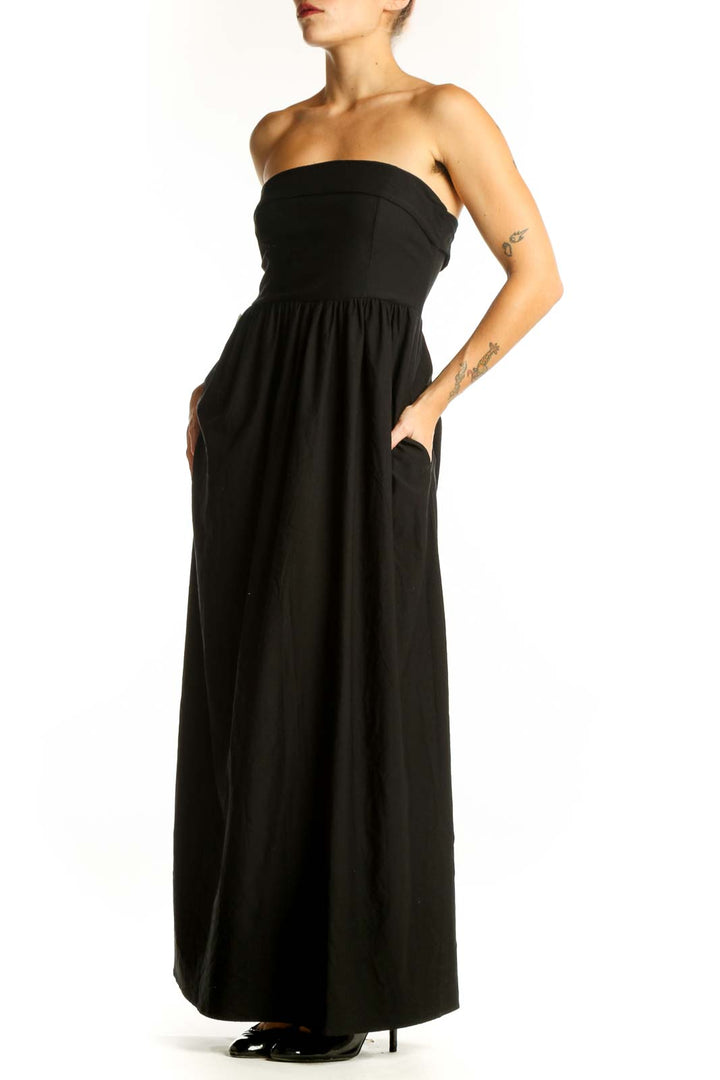 Front view of black strapless maxi dress by SilkRoll