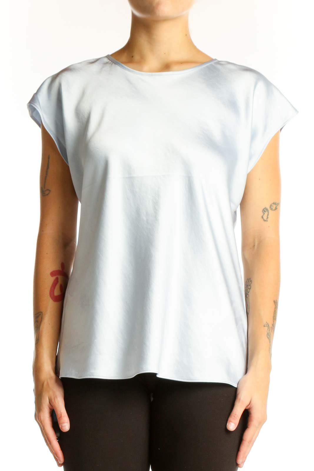 Front view of light blue cap sleeve top from Express