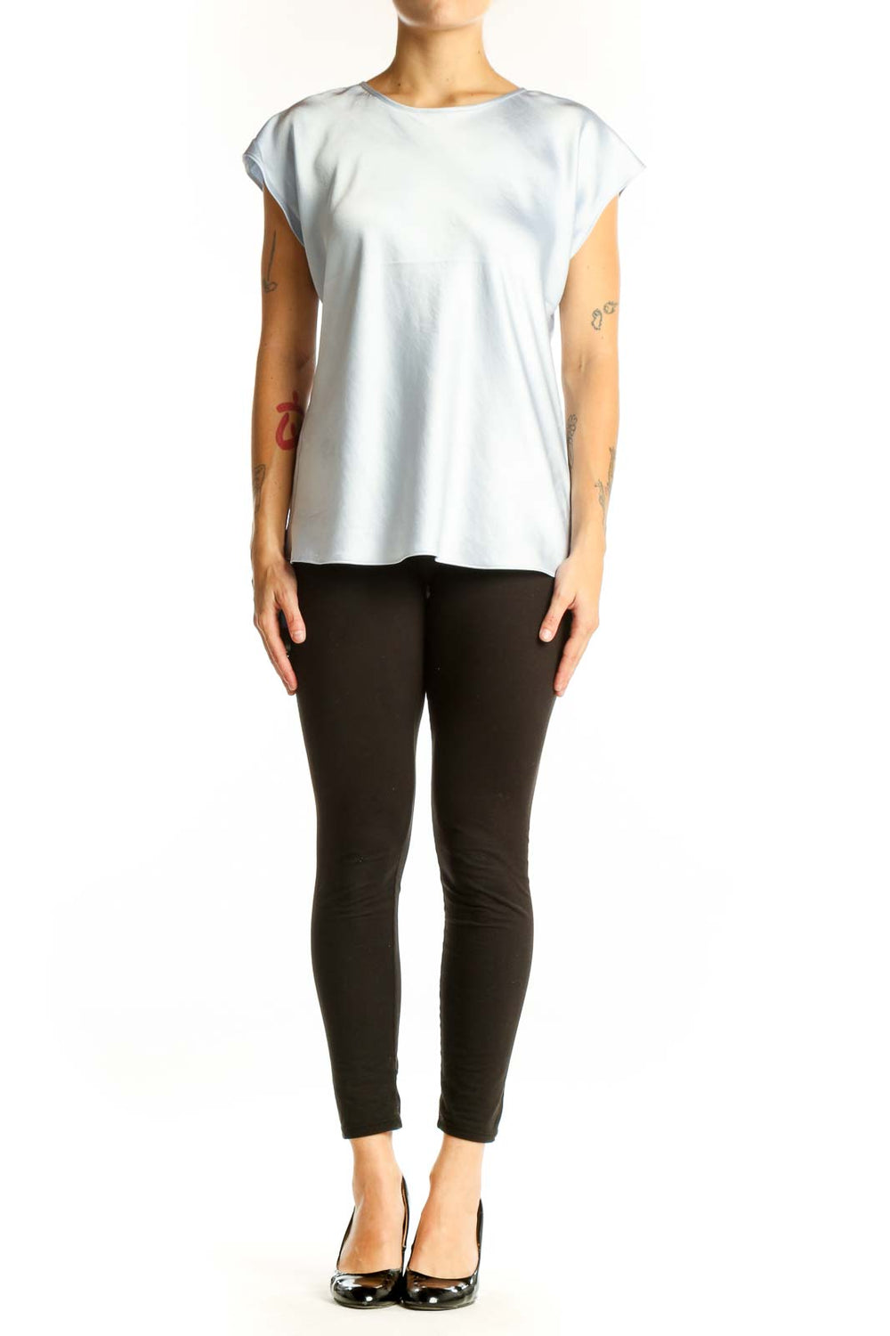 Front view of light blue cap sleeve top from Express
