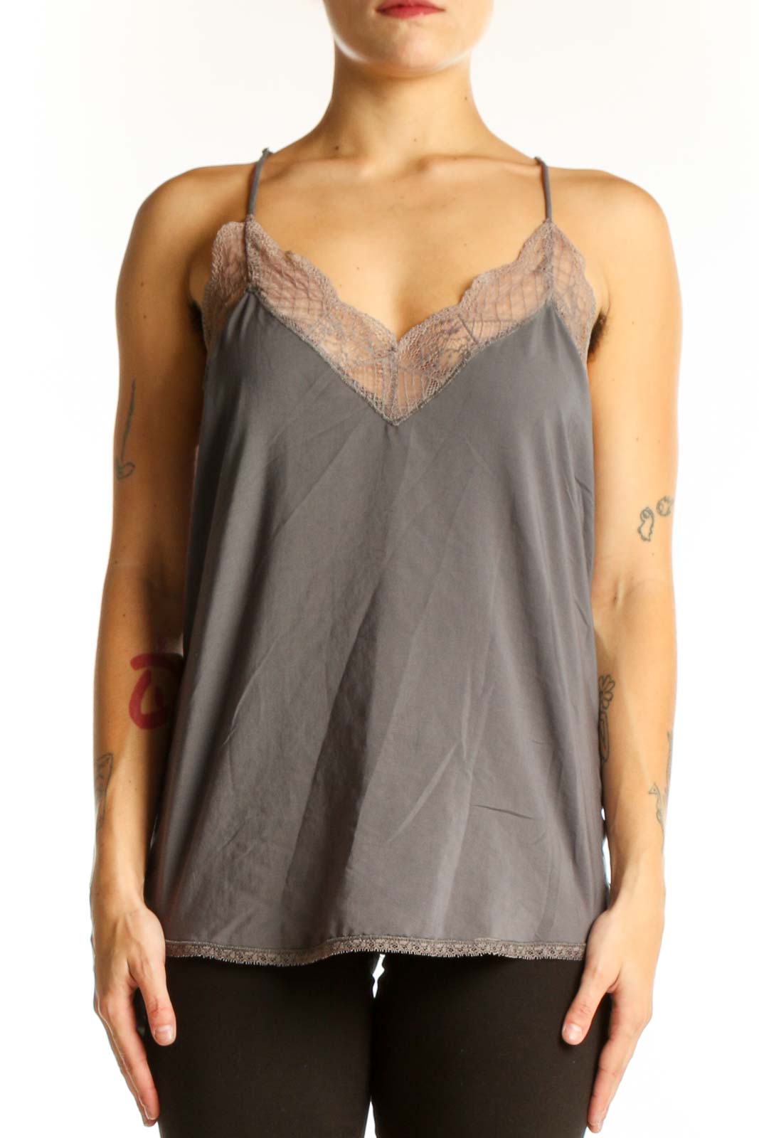Front view of gray Lovestitch camisole top with lace trim