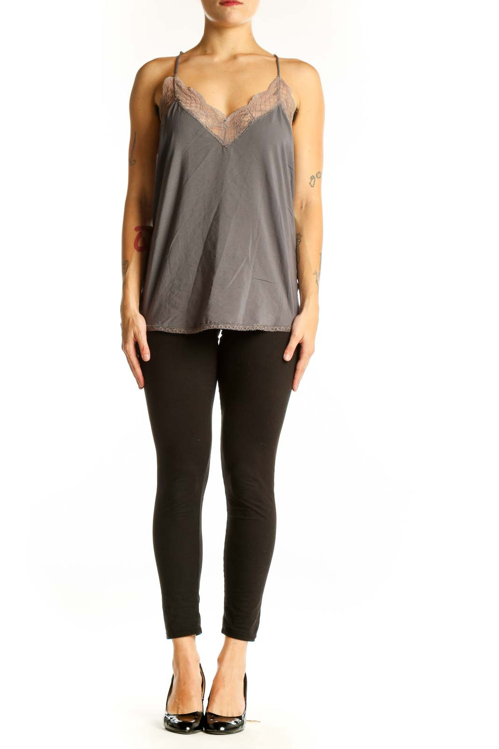Front view of gray Lovestitch camisole top with lace trim