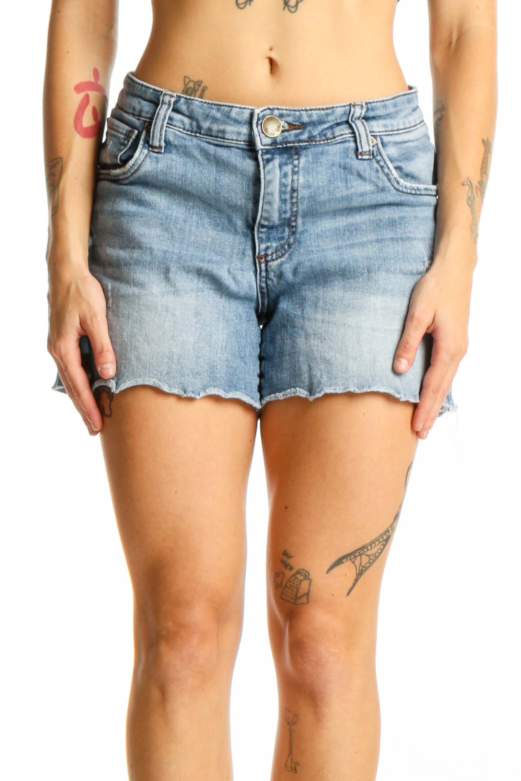 Front view of KUT from the Kloth light blue denim shorts with distressed hem