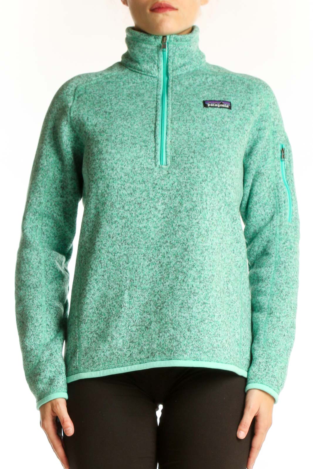 Front view of mint green Patagonia fleece quarter-zip pullover