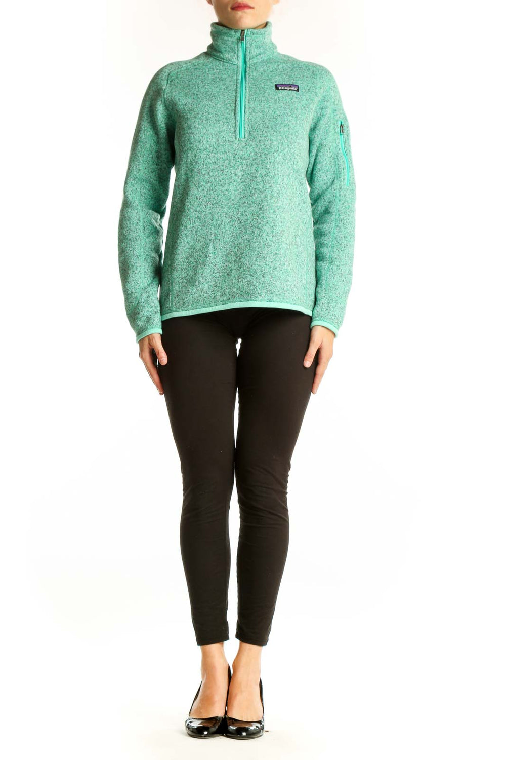 Front view of mint green Patagonia fleece quarter-zip pullover