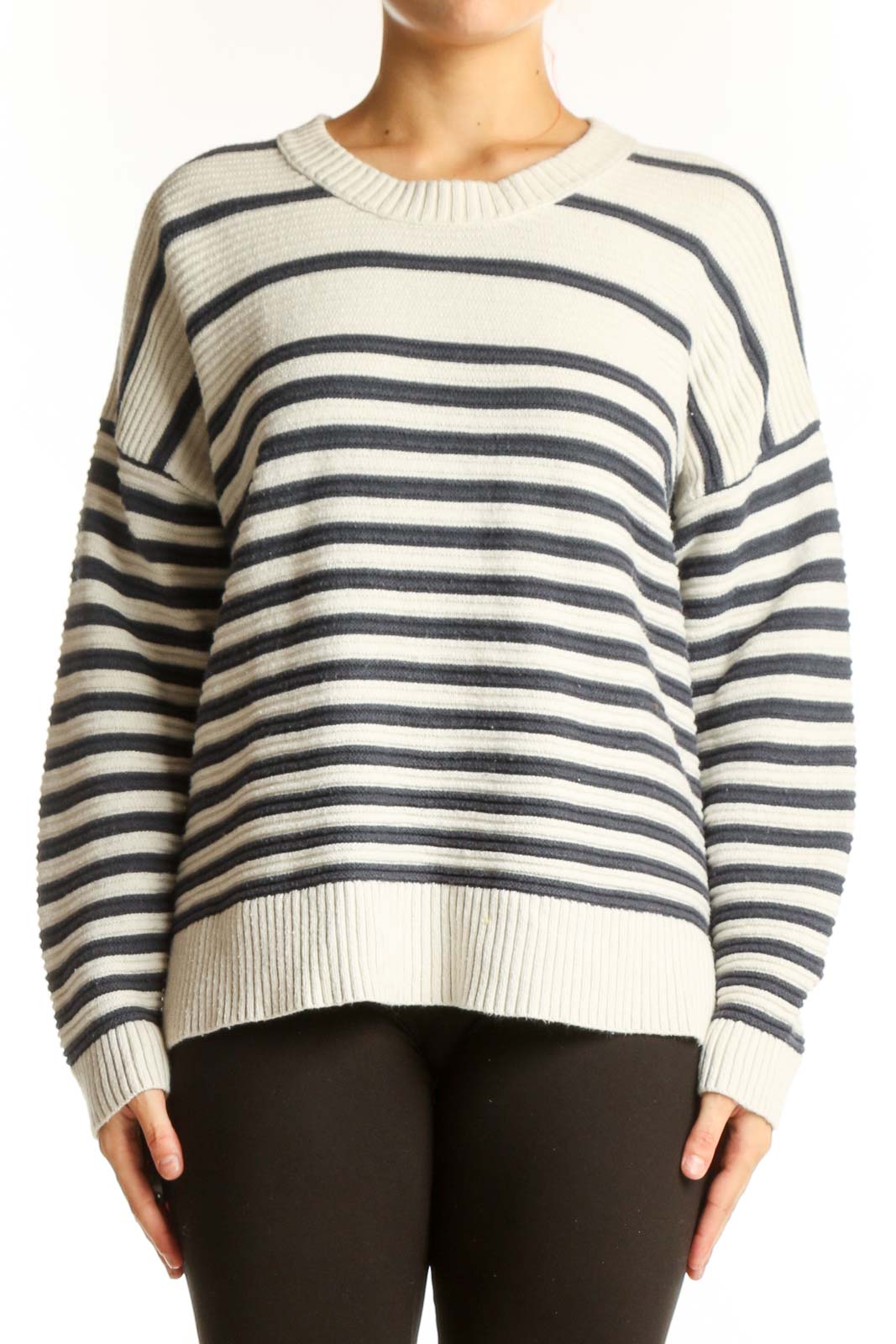 Front view of Madewell cream and navy striped knit sweater with relaxed fit