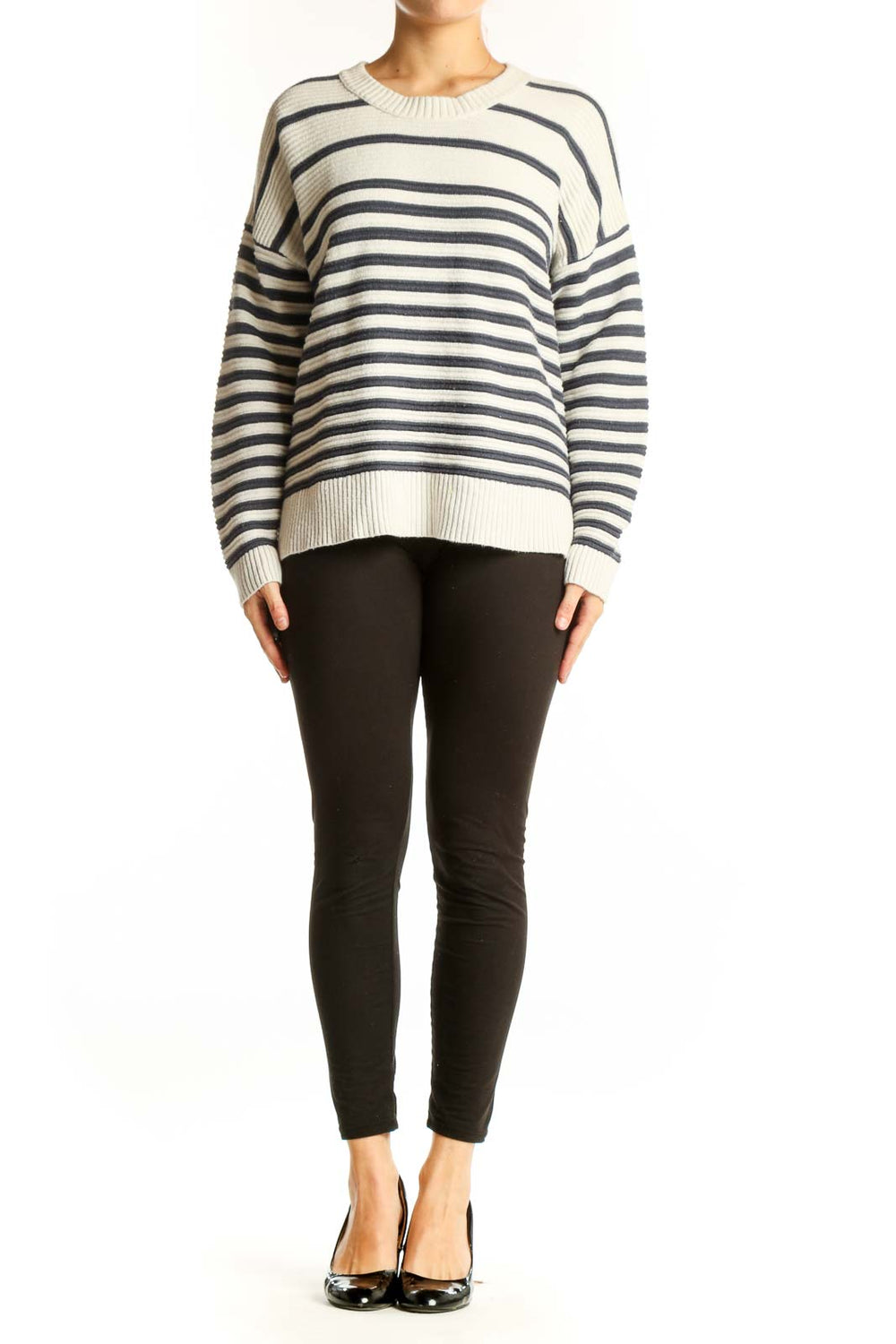 Front view of Madewell cream and navy striped knit sweater with relaxed fit