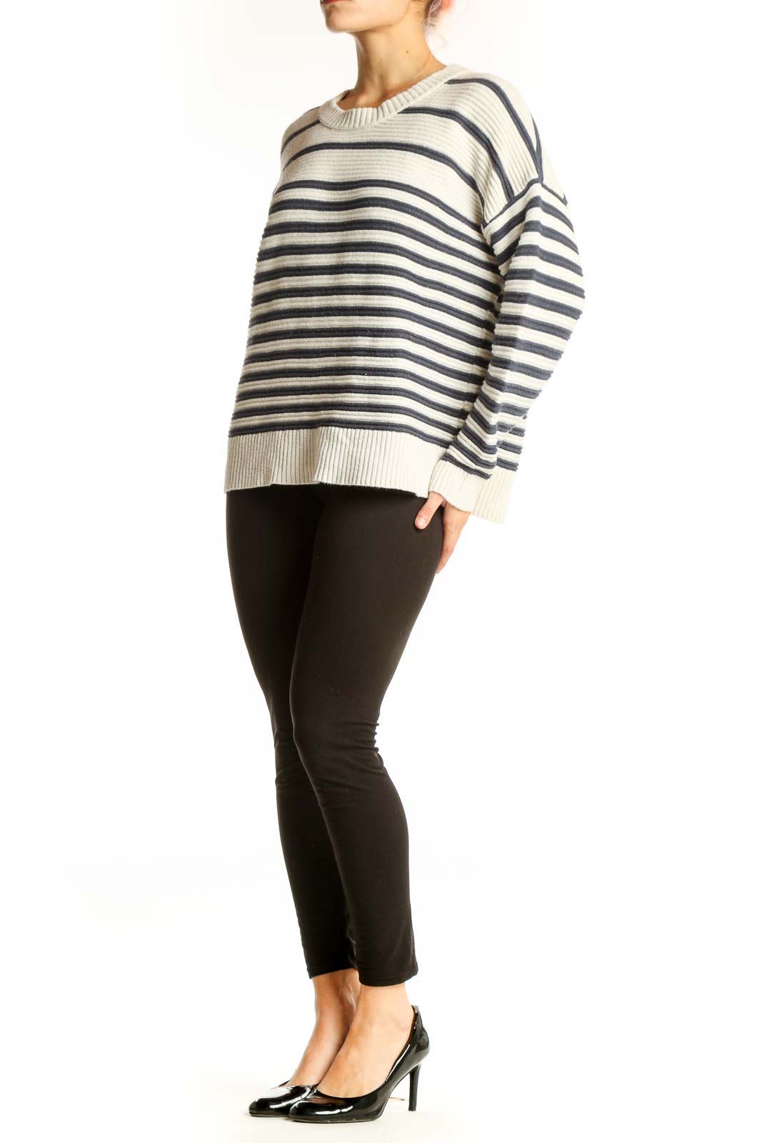 Front view of Madewell cream and navy striped knit sweater with relaxed fit