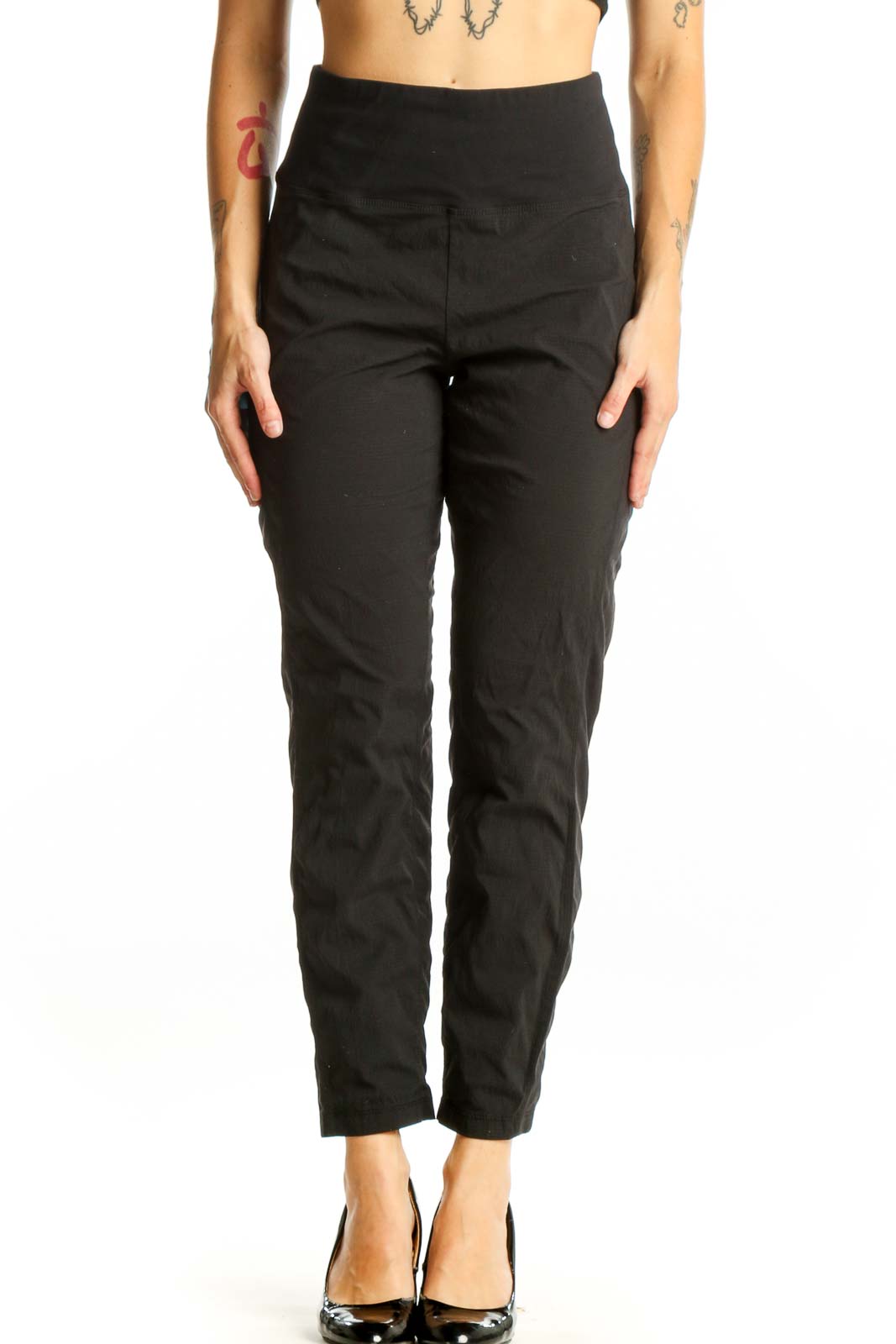 Front view of black high-waisted Athleta leggings