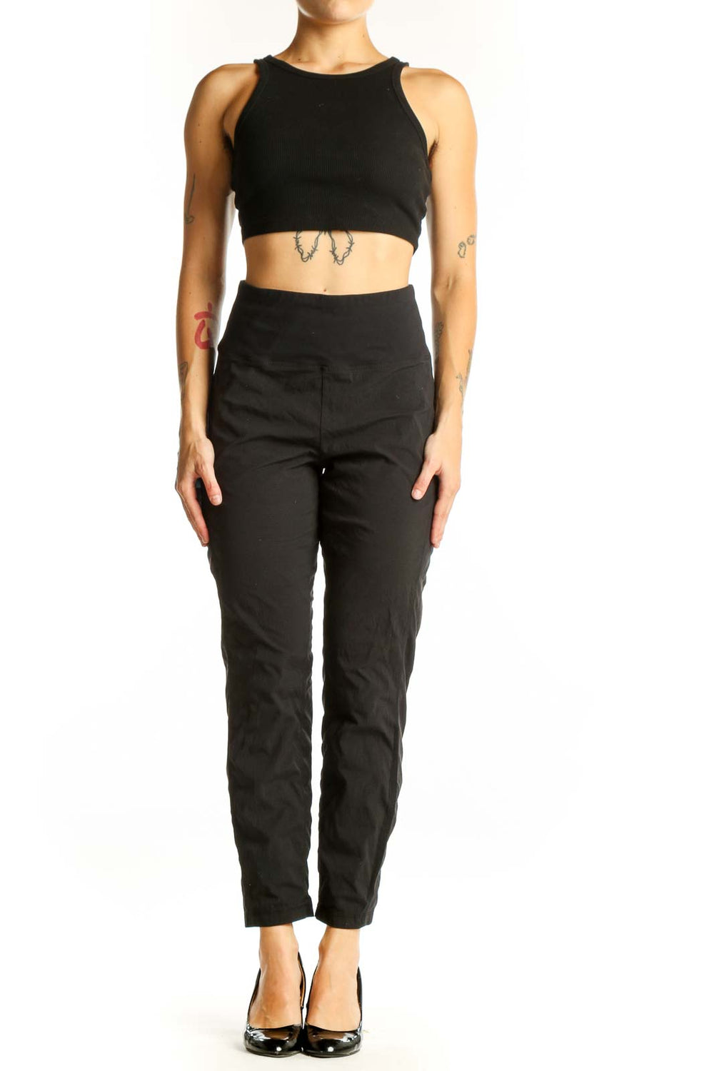 Front view of black high-waisted Athleta leggings