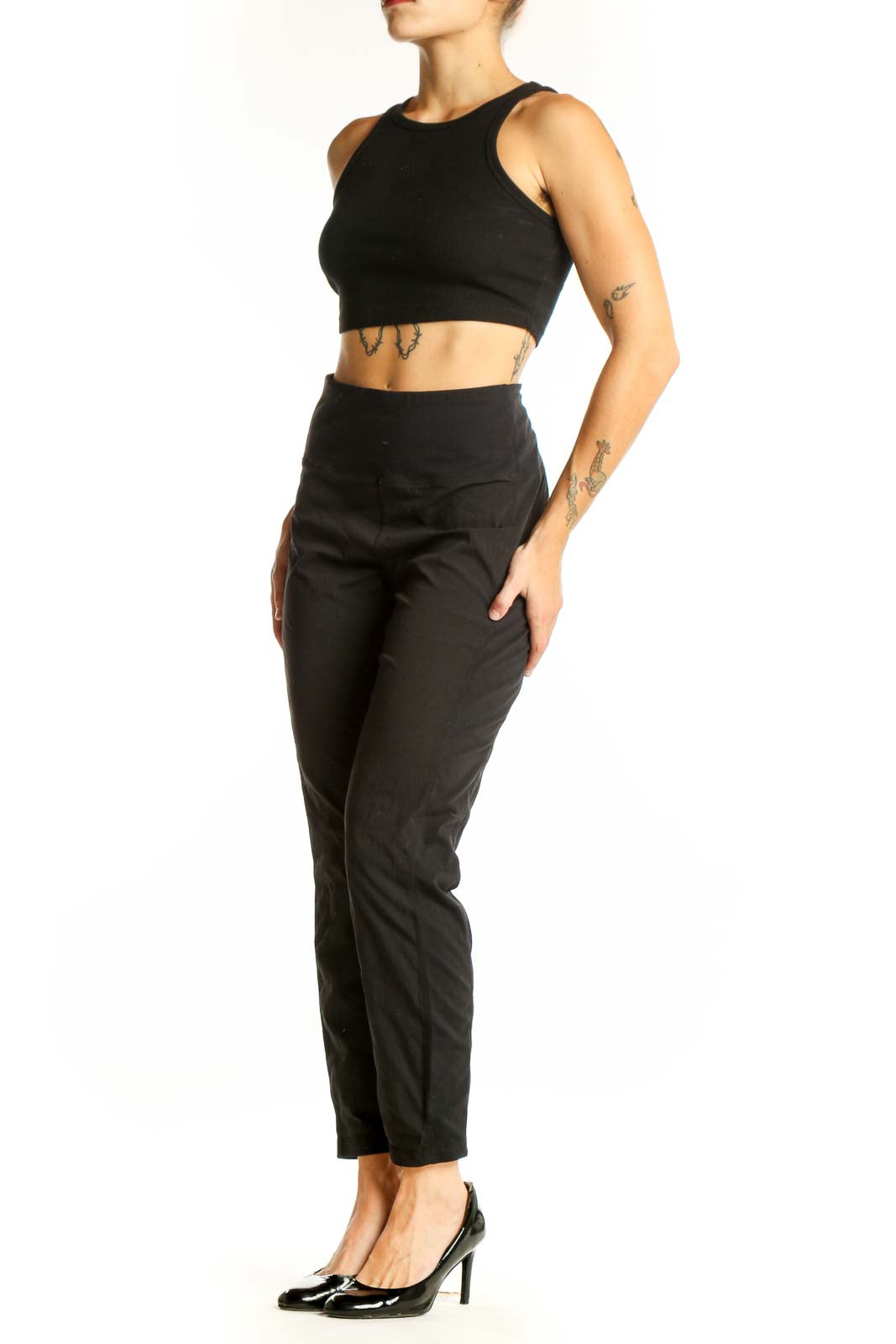 Front view of black high-waisted Athleta leggings