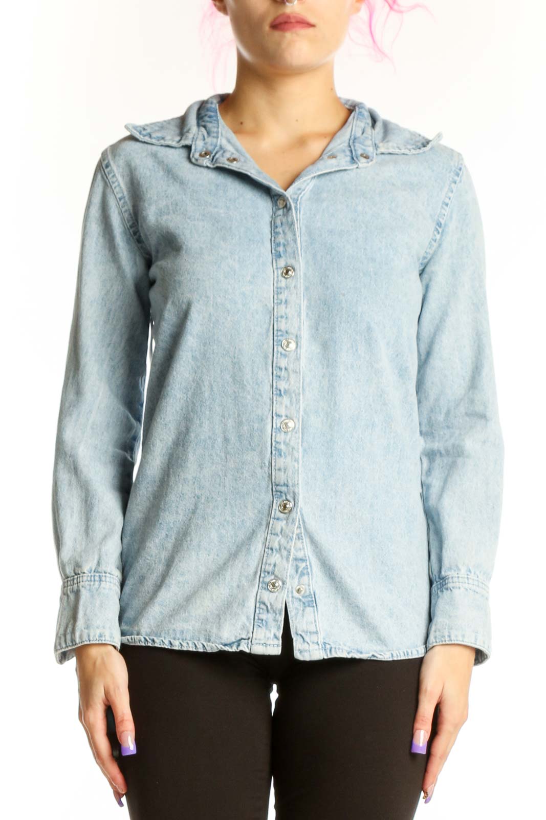 Light blue Mango denim button-up shirt front view, XS size with collar and long sleeves