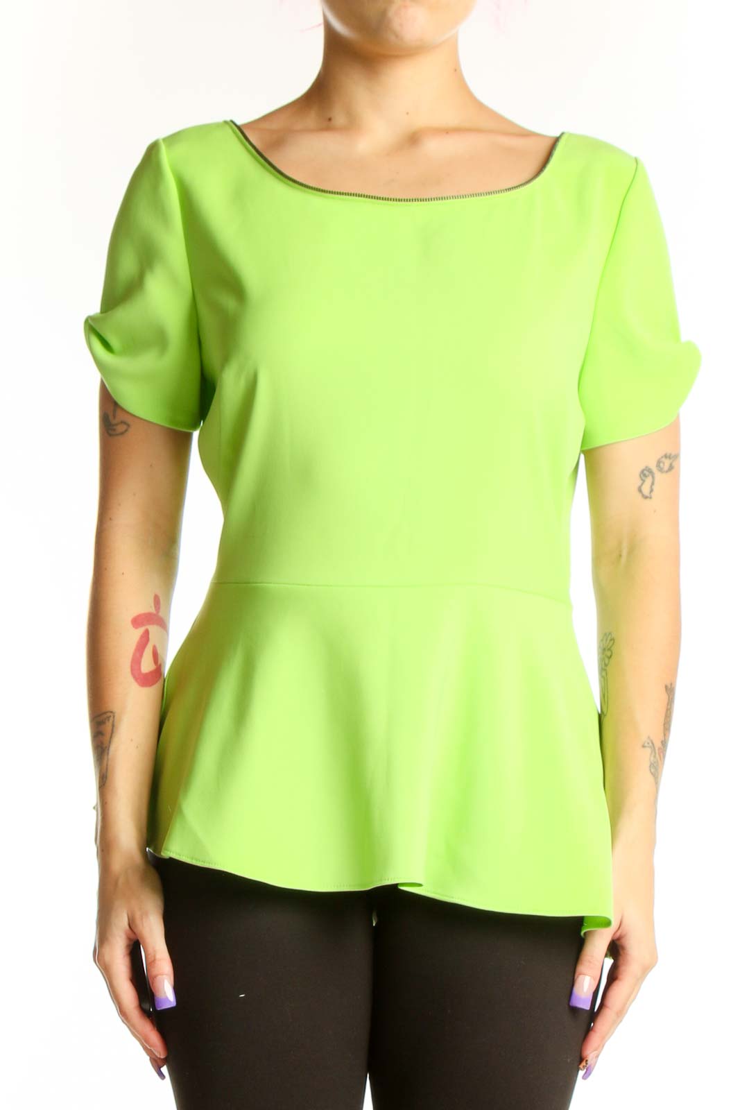 Lime green peplum top with short puffed sleeves and boat neckline, front view