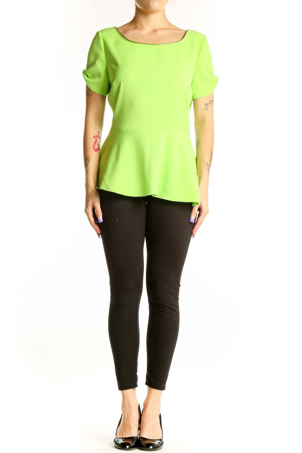 Lime green peplum top with short puffed sleeves and boat neckline, front view