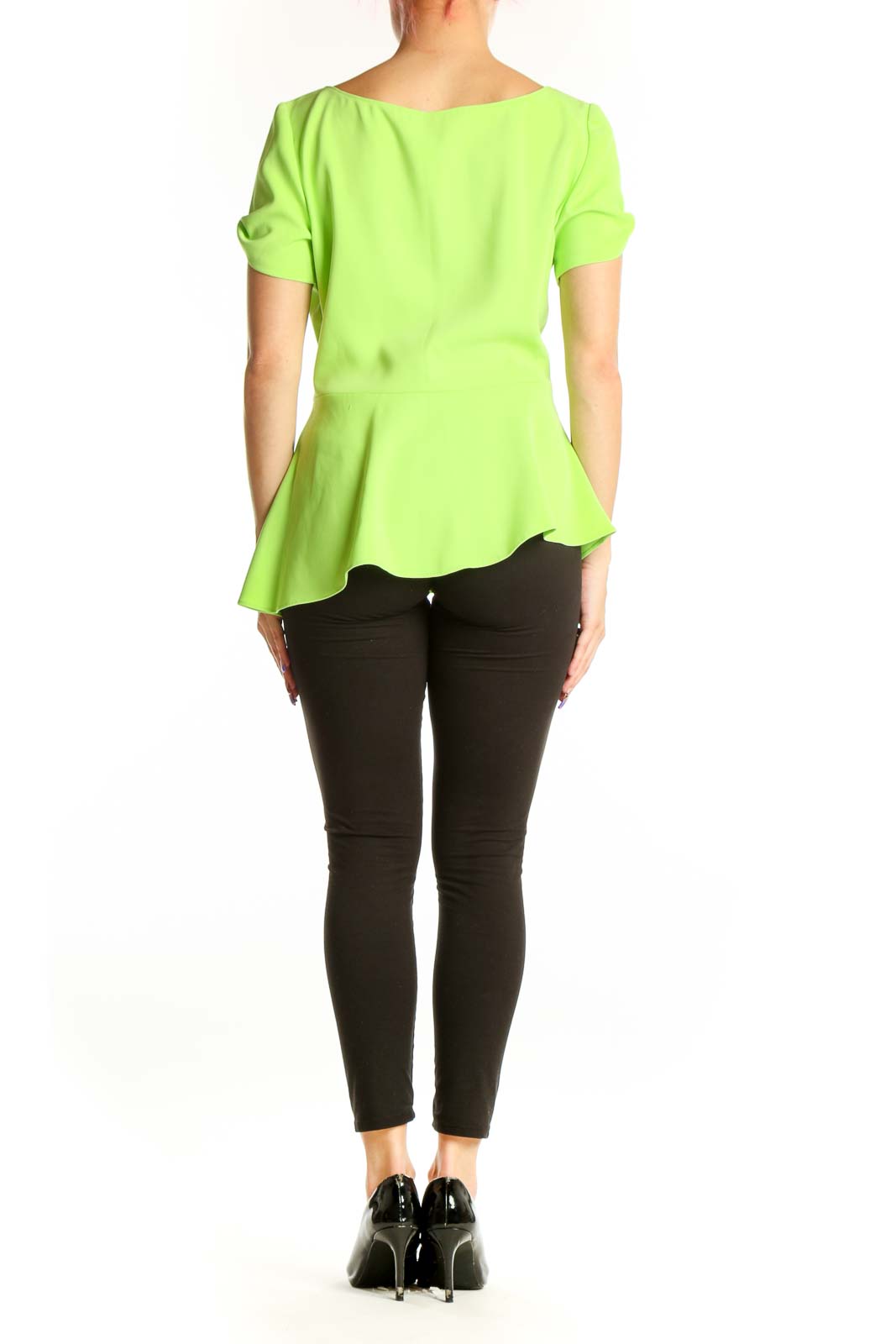 Lime green peplum top with short puffed sleeves, back view showing flattering peplum silhouette