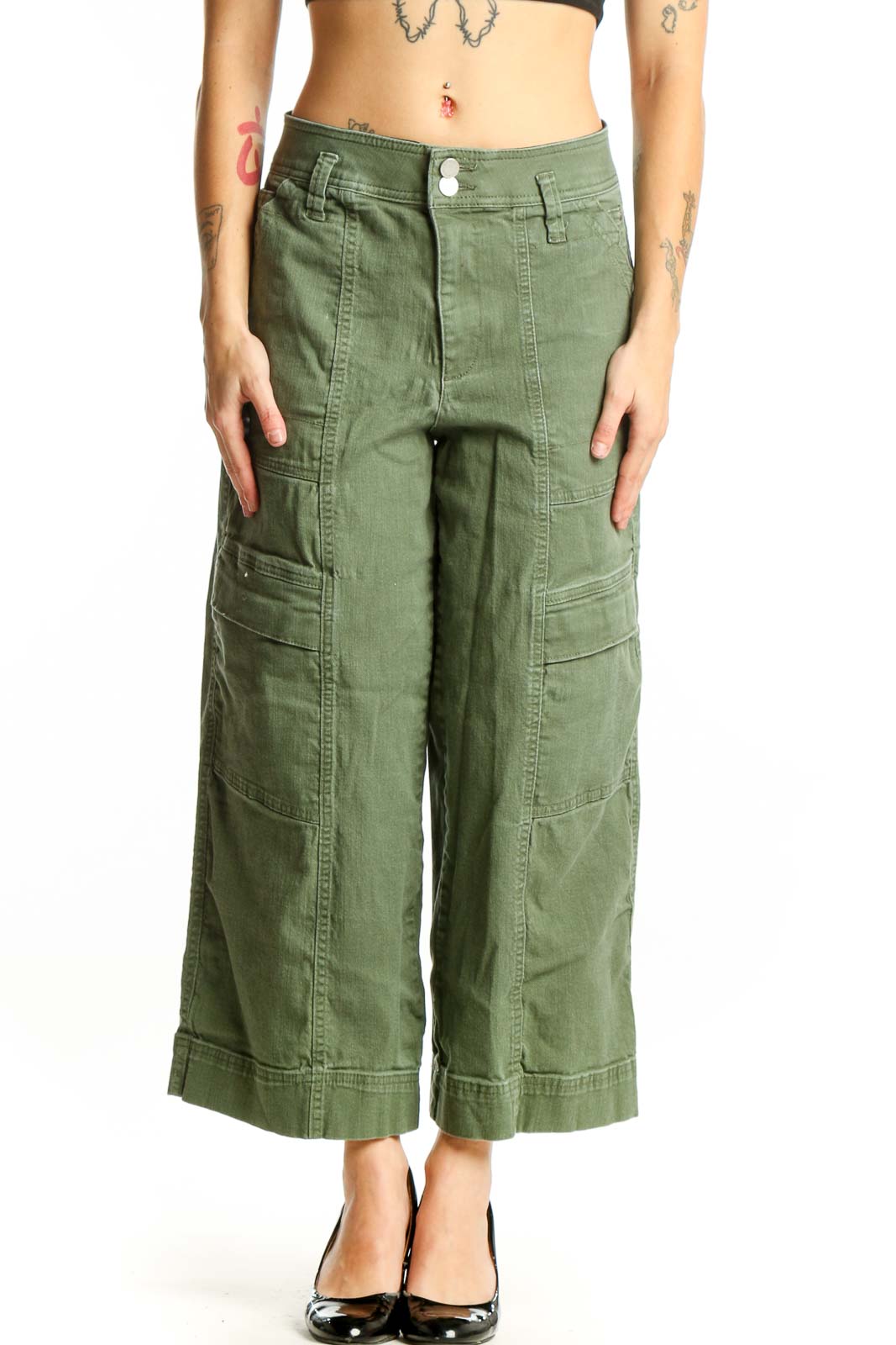 Front view of sage green cargo cropped pants with multiple pockets and relaxed fit