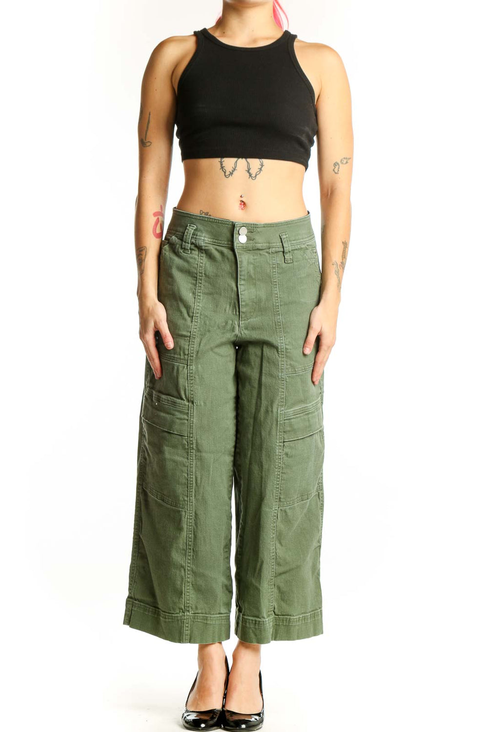 Front view of sage green cargo cropped pants with multiple pockets and relaxed fit