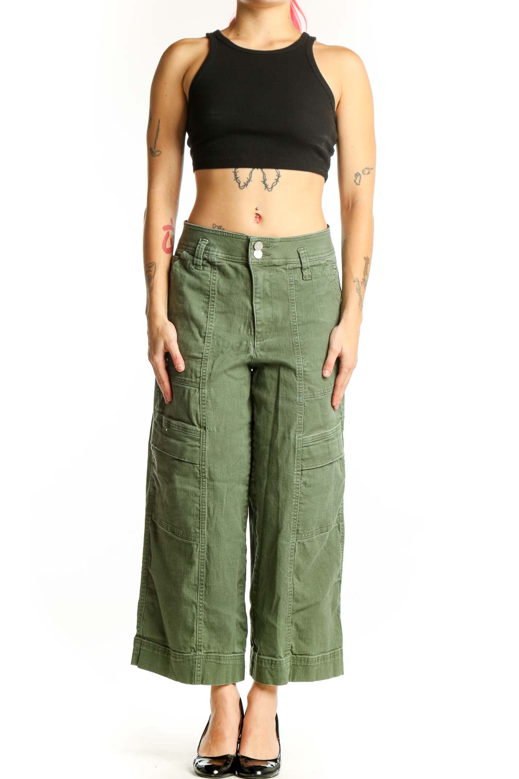 Front view of sage green cargo cropped pants with multiple pockets and relaxed fit