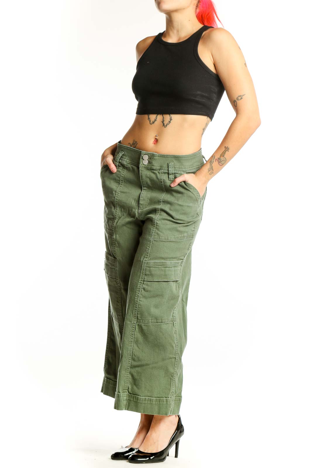 Front view of sage green cargo cropped pants with multiple pockets and relaxed fit