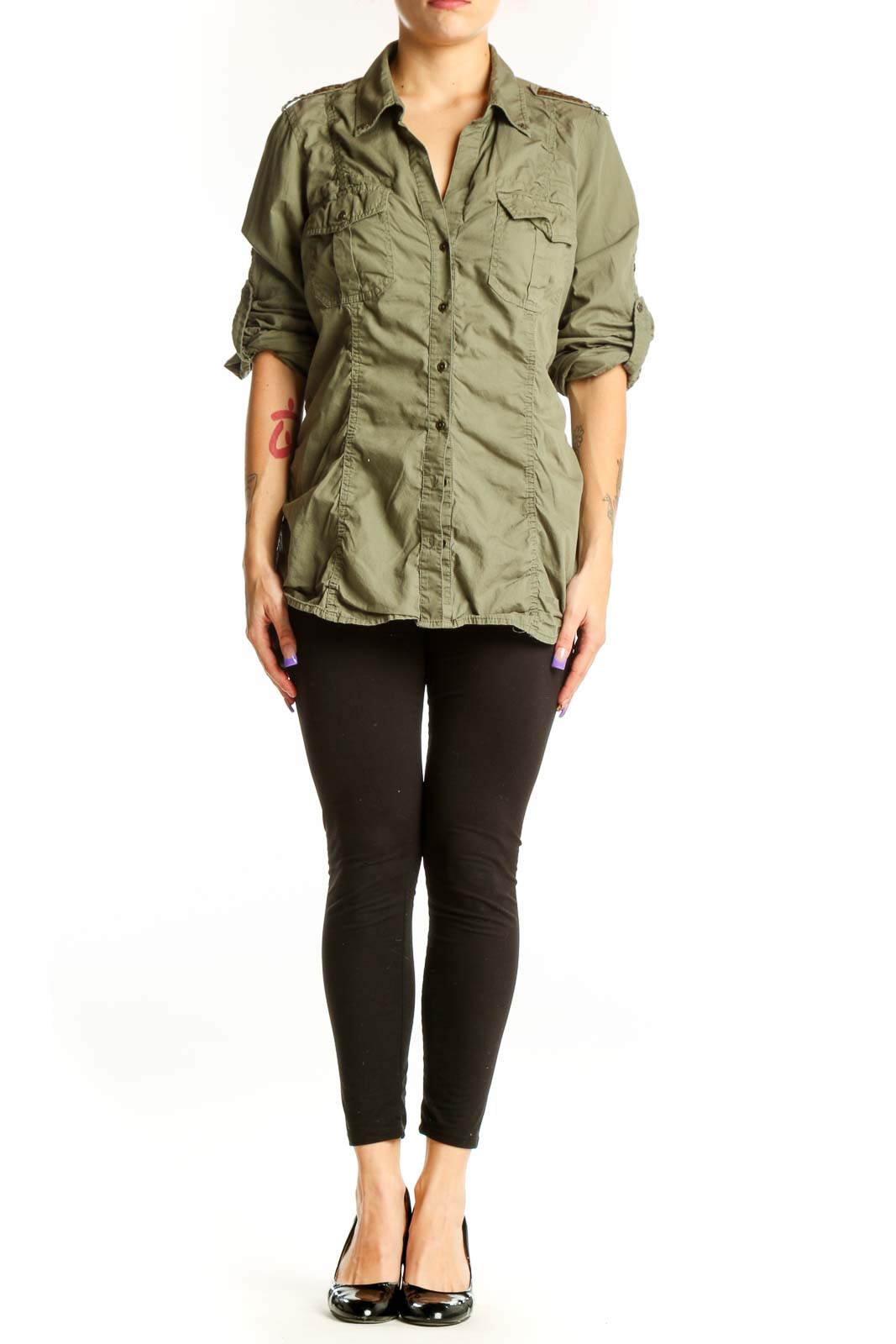 Sage green cotton military shirt by Express with dual chest pockets and button-up front, worn with black leggings