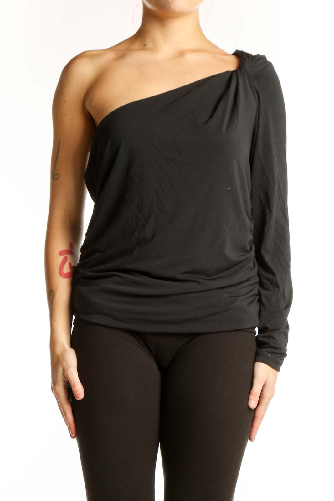 Black one-shoulder long sleeve top with ruched waist and asymmetrical neckline by Abercrombie & Fitch