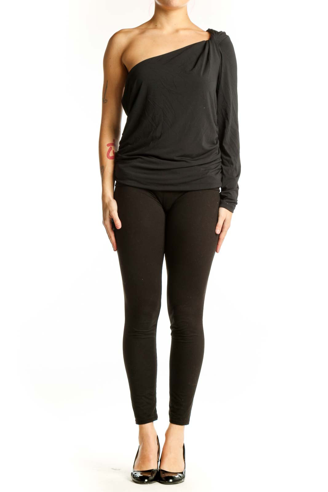 Black one-shoulder long sleeve top with ruched waist and asymmetrical neckline by Abercrombie & Fitch