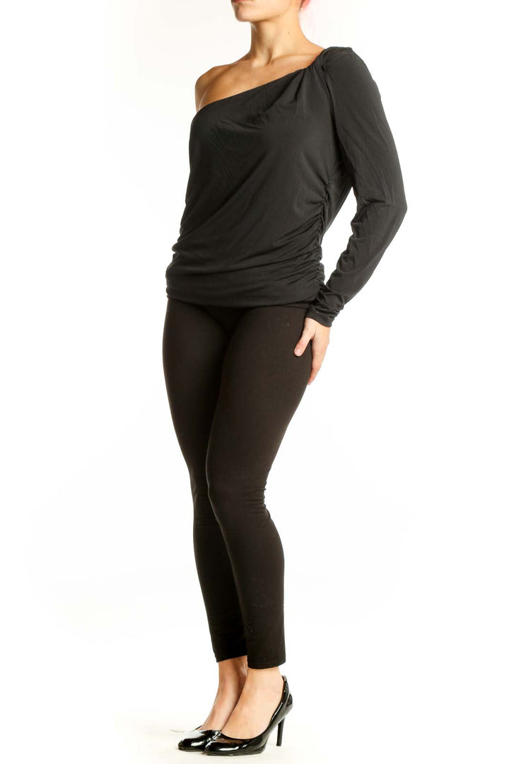 Black one-shoulder long sleeve top with ruched waist and asymmetrical neckline by Abercrombie & Fitch