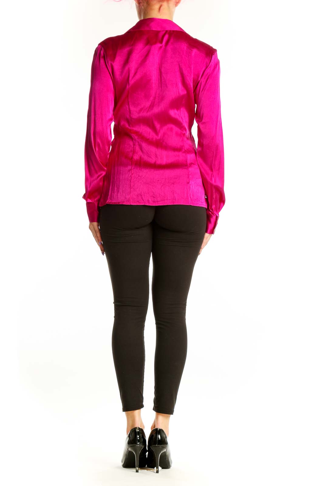 Back view of magenta silk ruched blouse showing elegant ruching detail and tailored fit