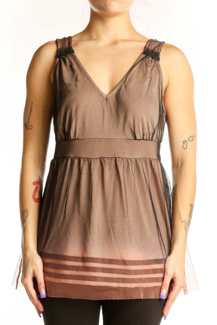 Taupe striped empire waist tank top with V-neckline and gathered shoulders, front view
