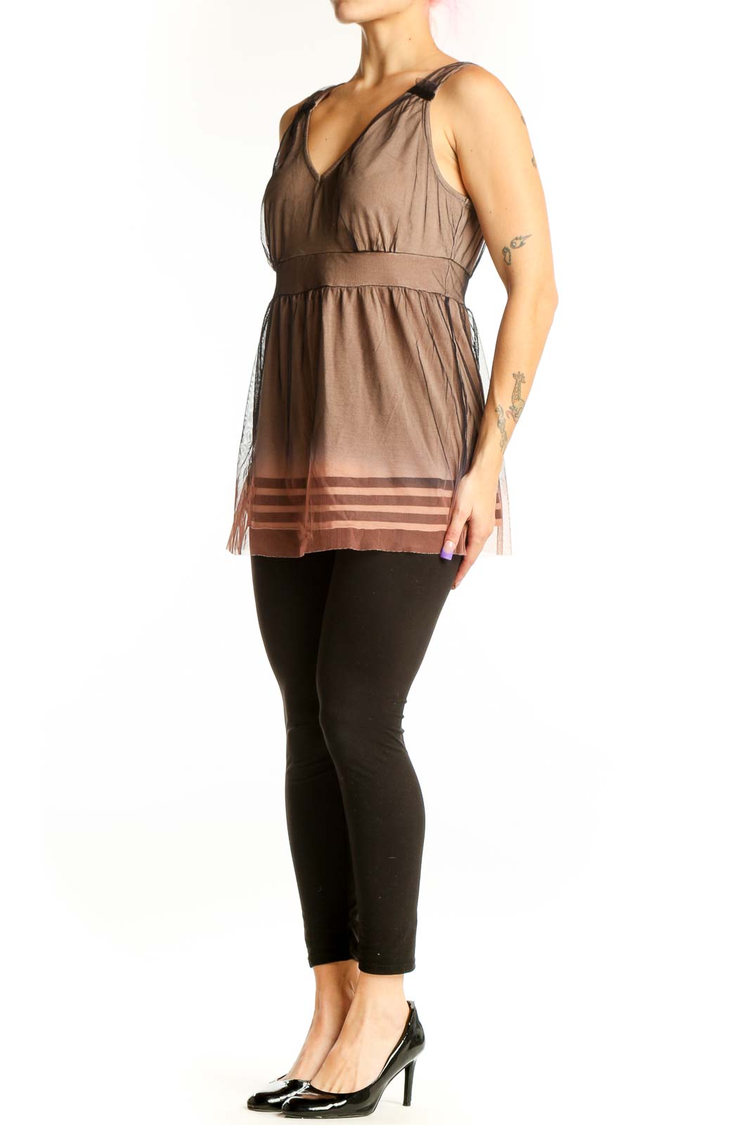 Taupe striped empire waist tank top with V-neckline and gathered shoulders, front view