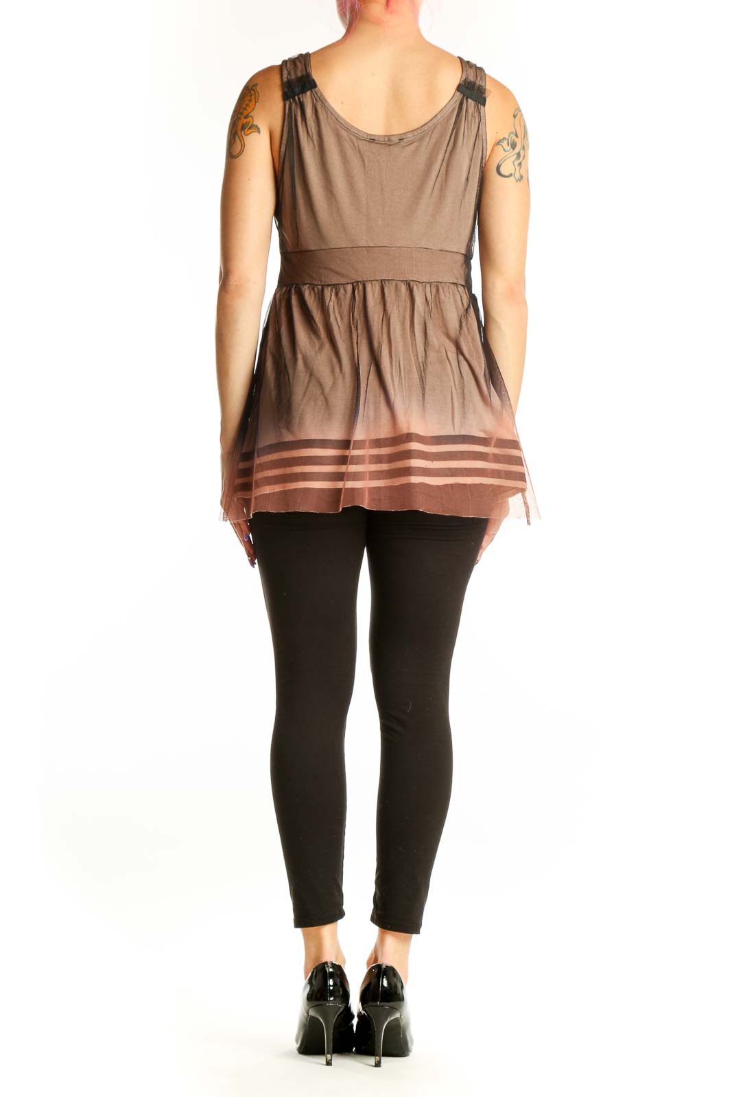 Taupe striped empire waist tank top with horizontal stripe detailing, back view