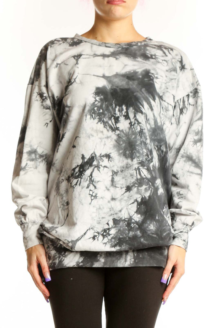 Gray and black tie dye cotton sweatshirt top by Aqua with crew neckline and long sleeves, front view