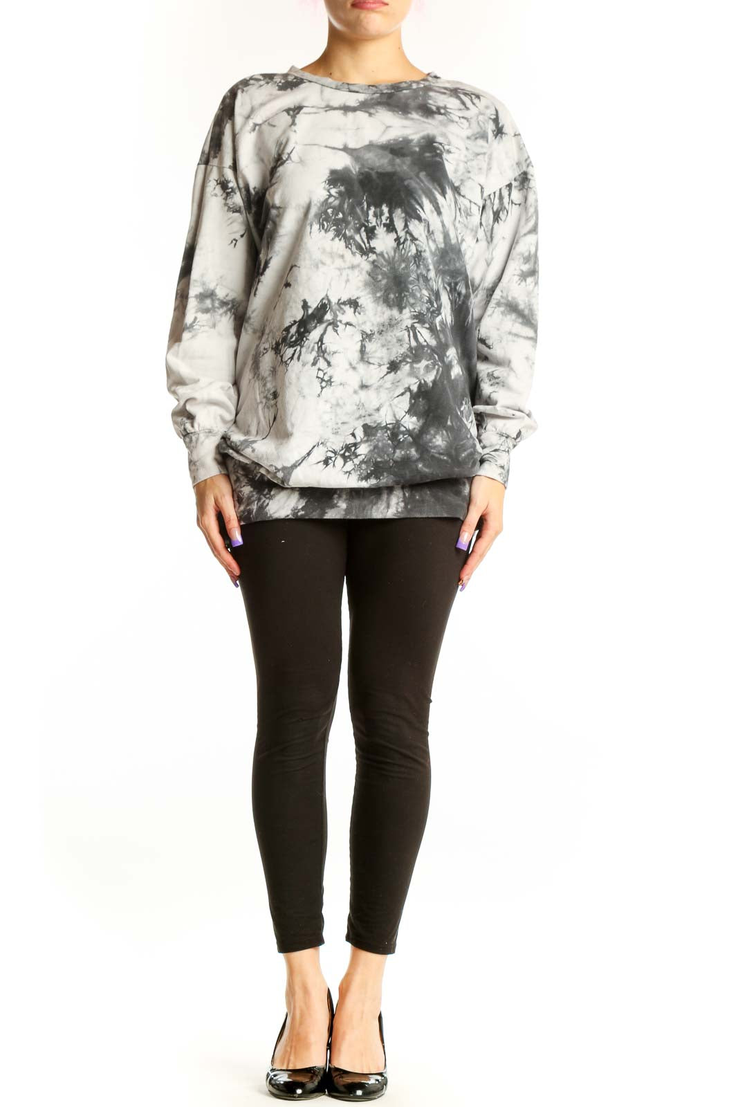 Gray and black tie dye cotton sweatshirt top by Aqua with crew neckline and long sleeves, front view