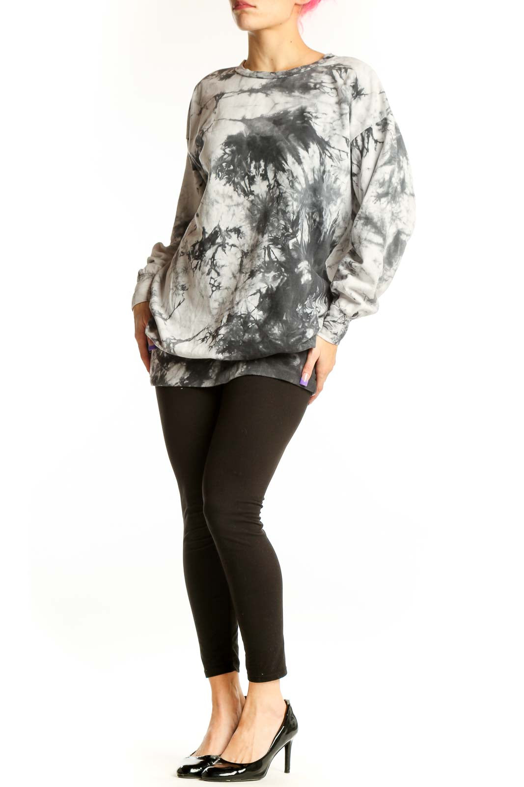 Gray and black tie dye cotton sweatshirt top by Aqua with crew neckline and long sleeves, front view