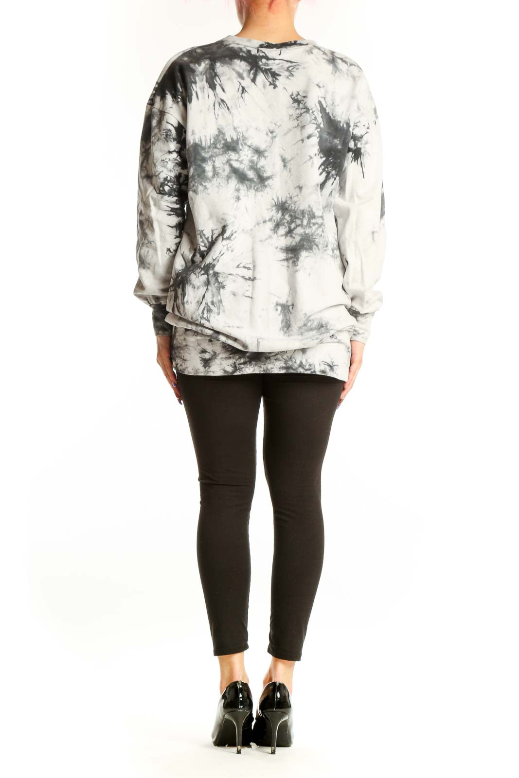 Gray and black tie dye cotton sweatshirt top by Aqua with artistic tie dye pattern, back view