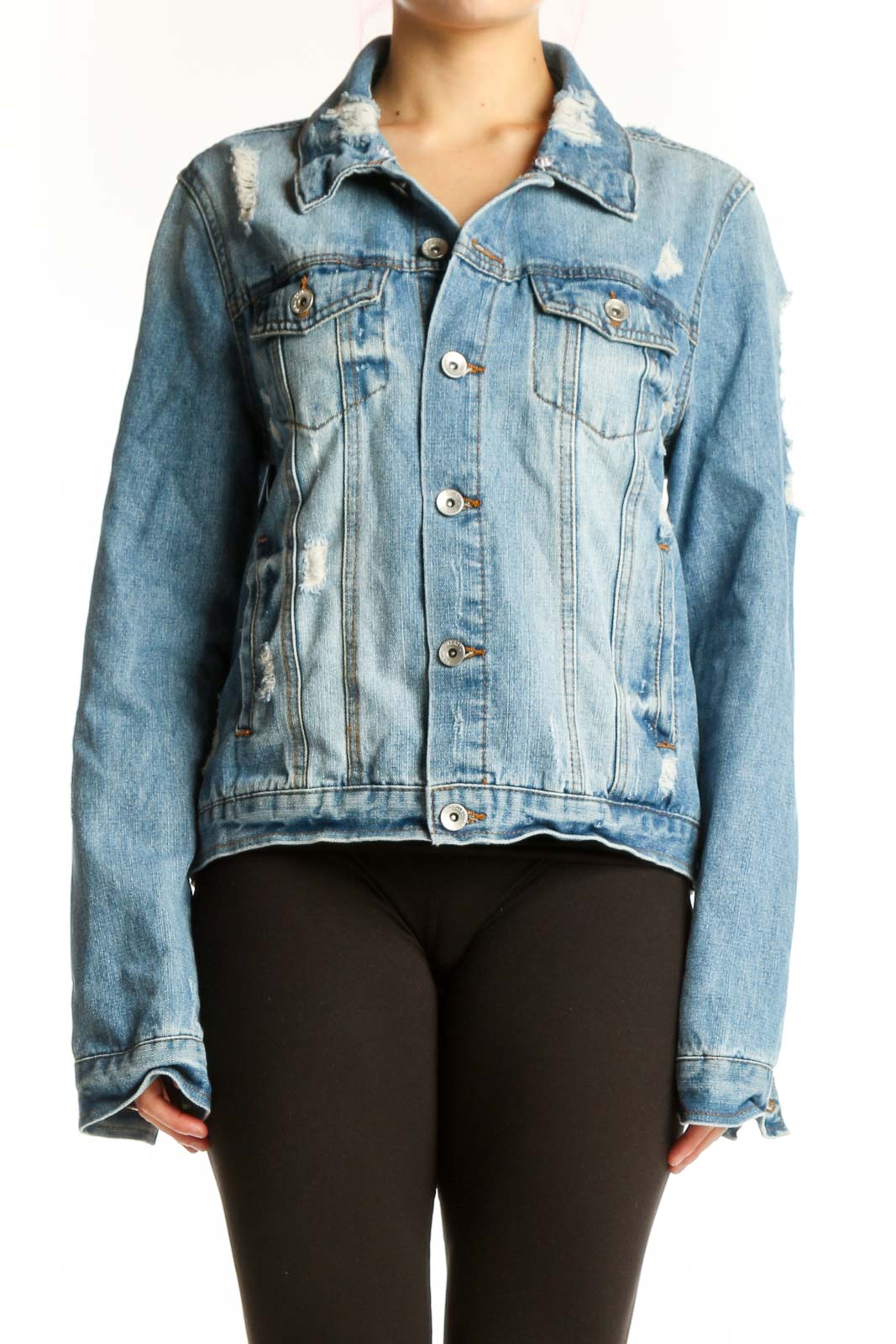 Front view of light blue distressed denim jacket by Ci Sono in XL with button-front closure and ripped details