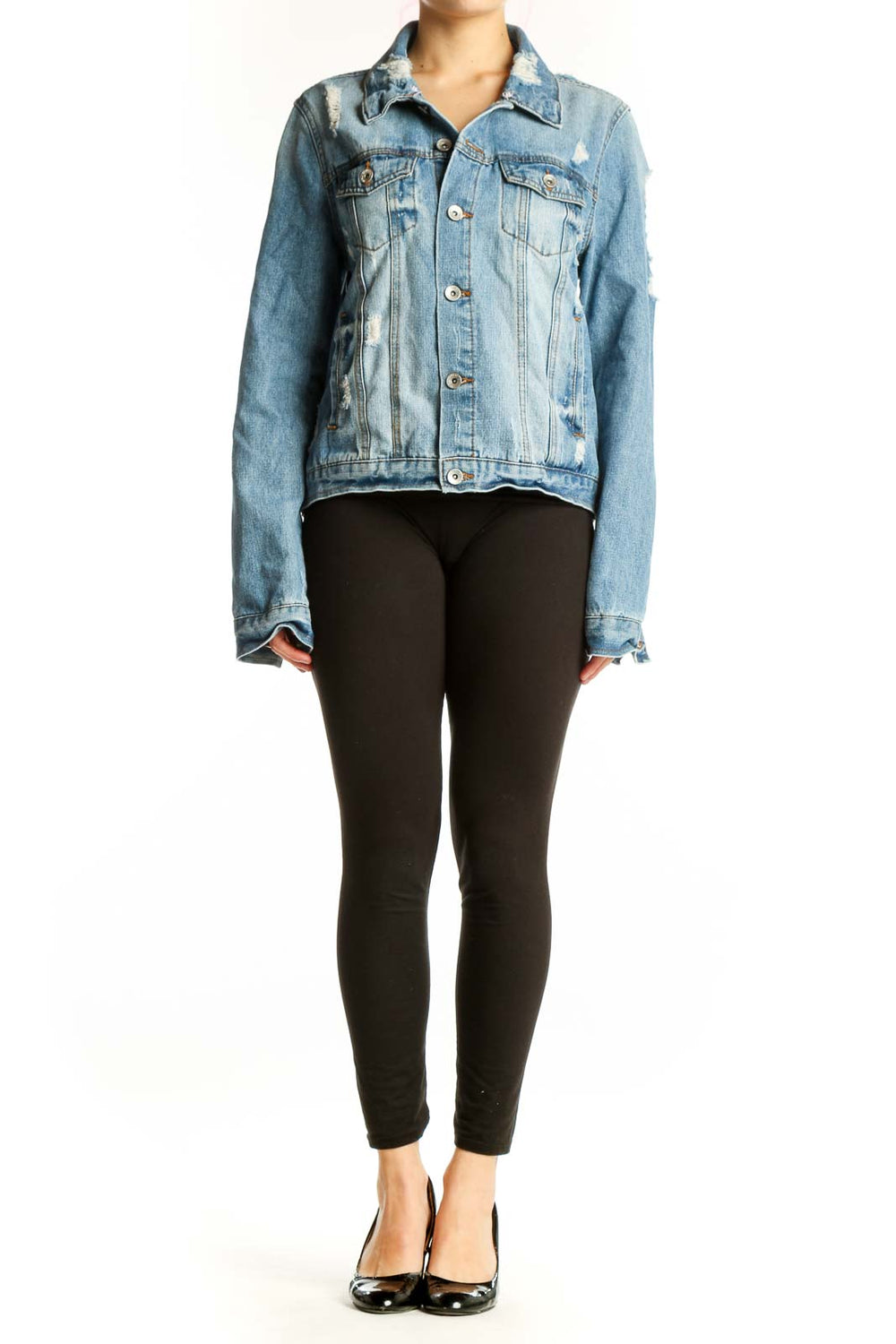 Front view of light blue distressed denim jacket by Ci Sono in XL with button-front closure and ripped details