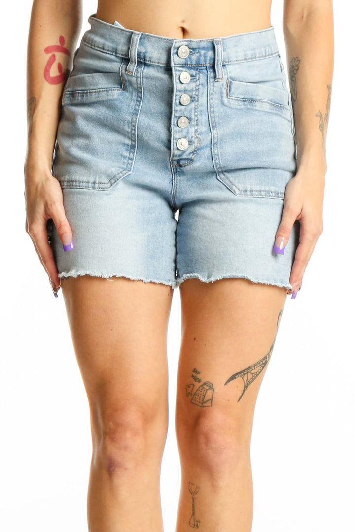 Light blue denim cut-off shorts with button-fly front and distressed hem, high-waisted fit, front view