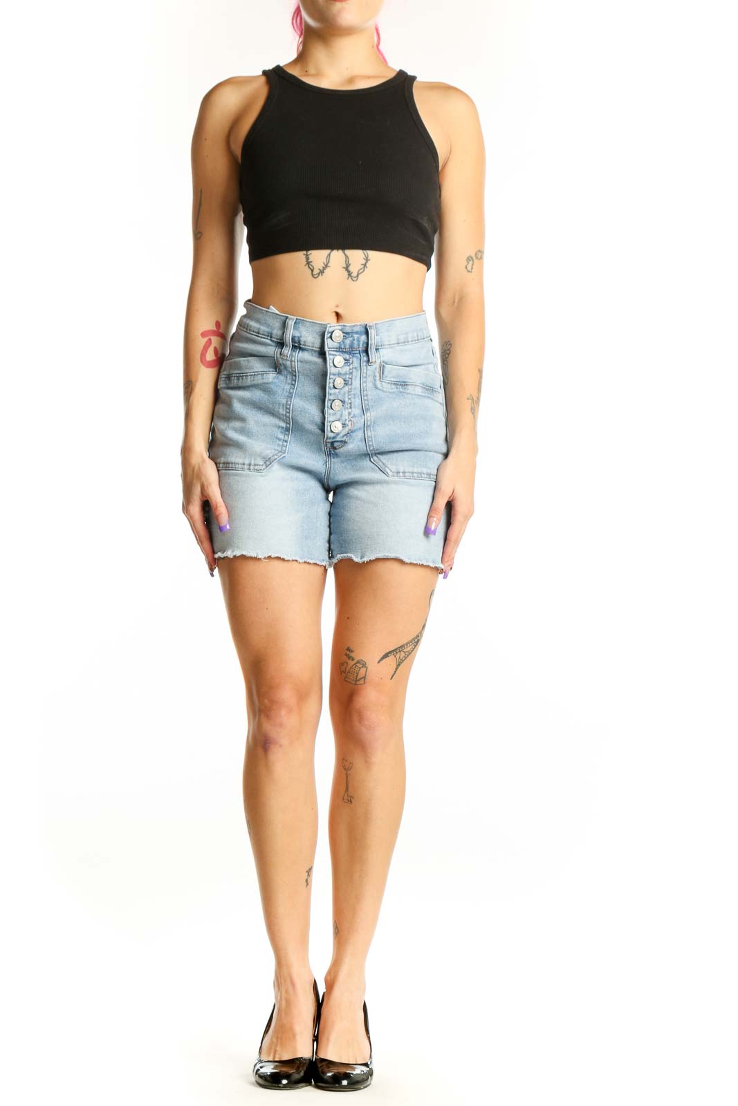 Light blue denim cut-off shorts with button-fly front and distressed hem, high-waisted fit, front view