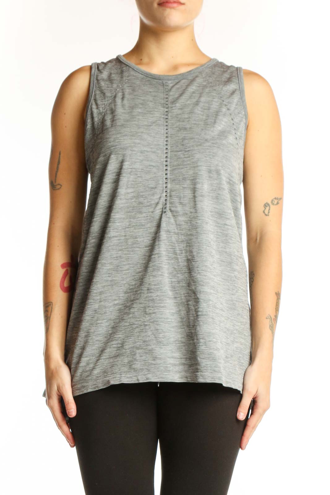 Gray heathered nylon activewear tank top by Athleta, front view showing center seam detail and sleeveless design