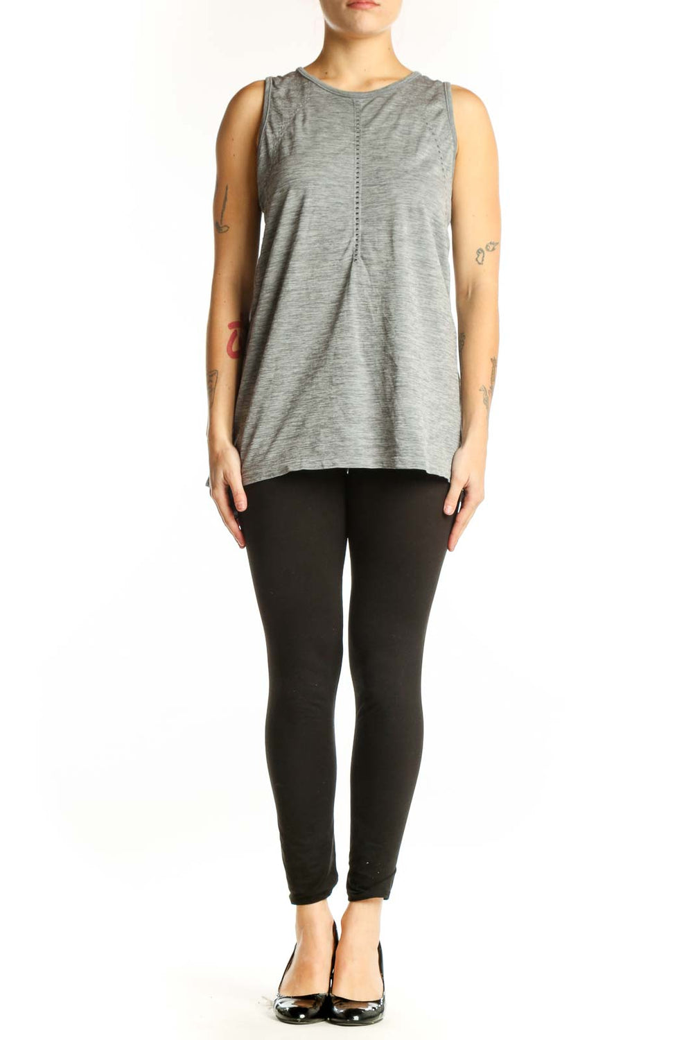 Gray heathered nylon activewear tank top by Athleta, front view showing center seam detail and sleeveless design