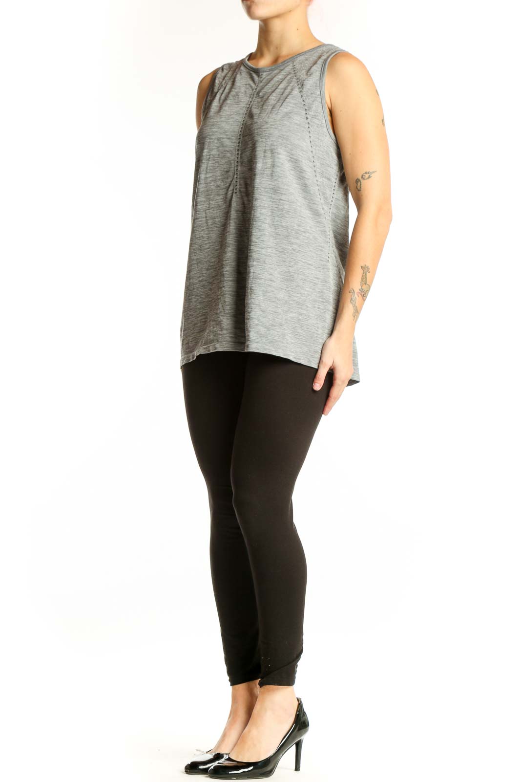 Gray heathered nylon activewear tank top by Athleta, front view showing center seam detail and sleeveless design