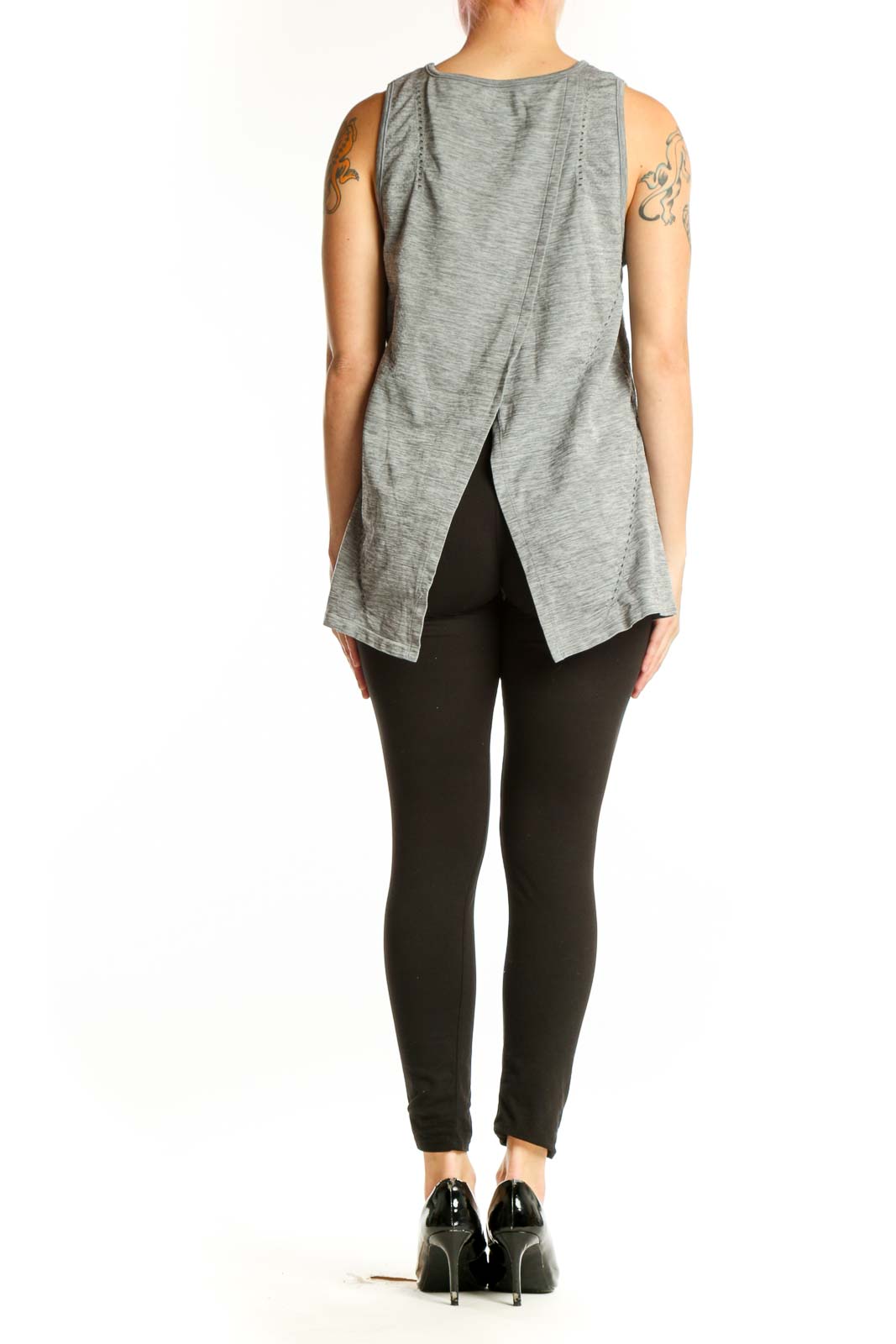 Gray heathered nylon activewear tank top by Athleta, back view displaying relaxed fit and comfortable silhouette
