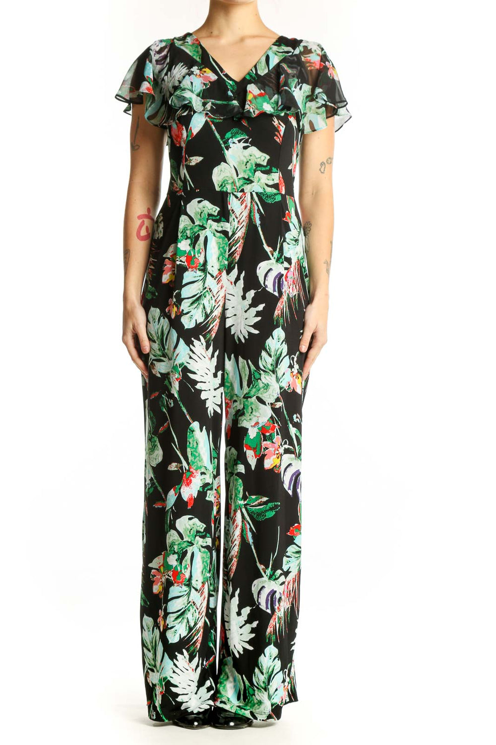 Black floral maxi dress with tropical print, V-neckline, and flutter sleeves - front view