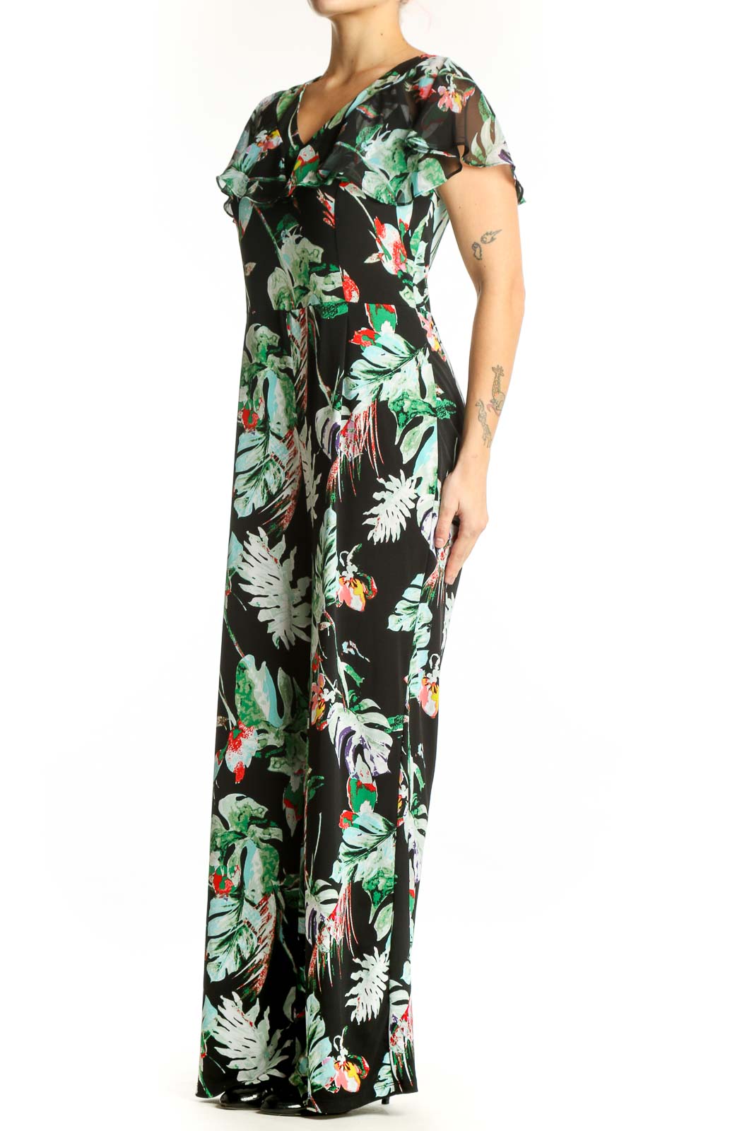 Black floral maxi dress with tropical print, V-neckline, and flutter sleeves - front view